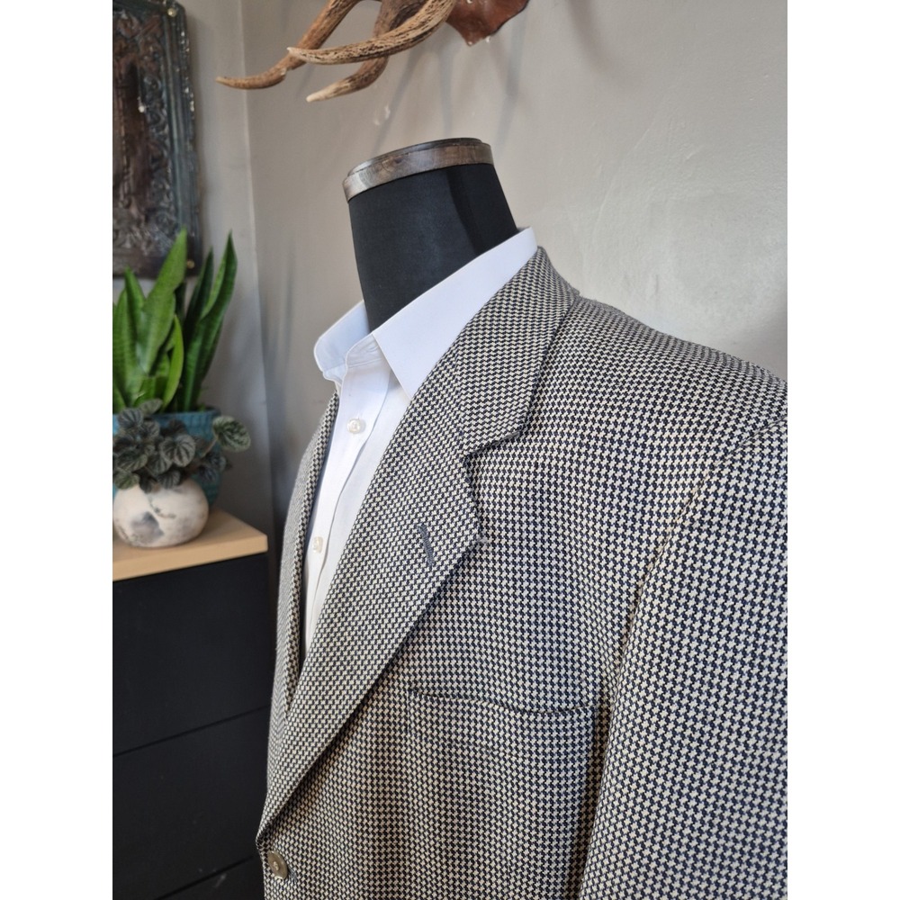 Jeffrey Banks Mens Wool Silk Sport Coat 46L Blue Cream Geometric 3 Button Jacket